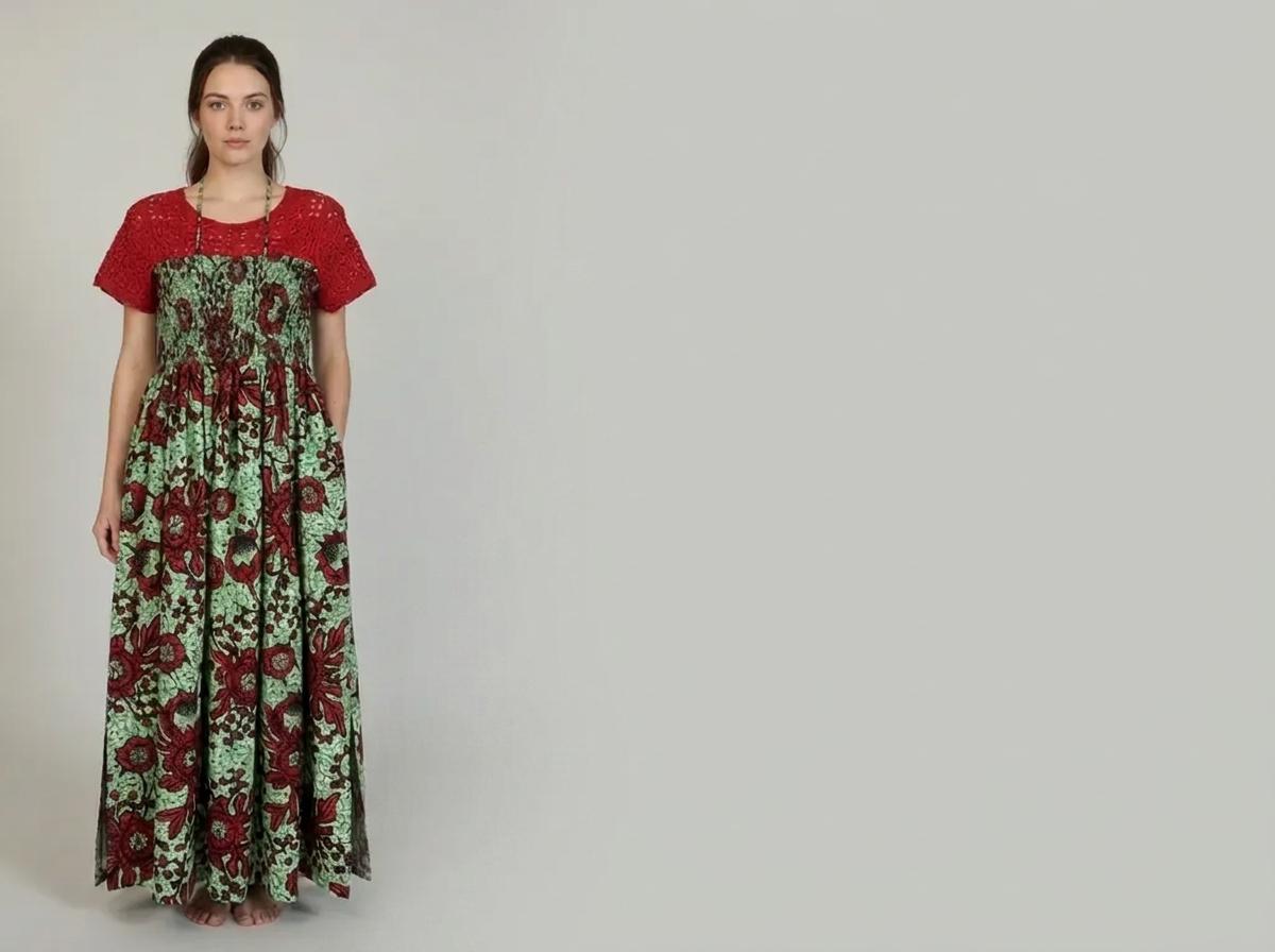 Floral Print with Crochet Bodice, Red and Green Cotton Summer Dress
