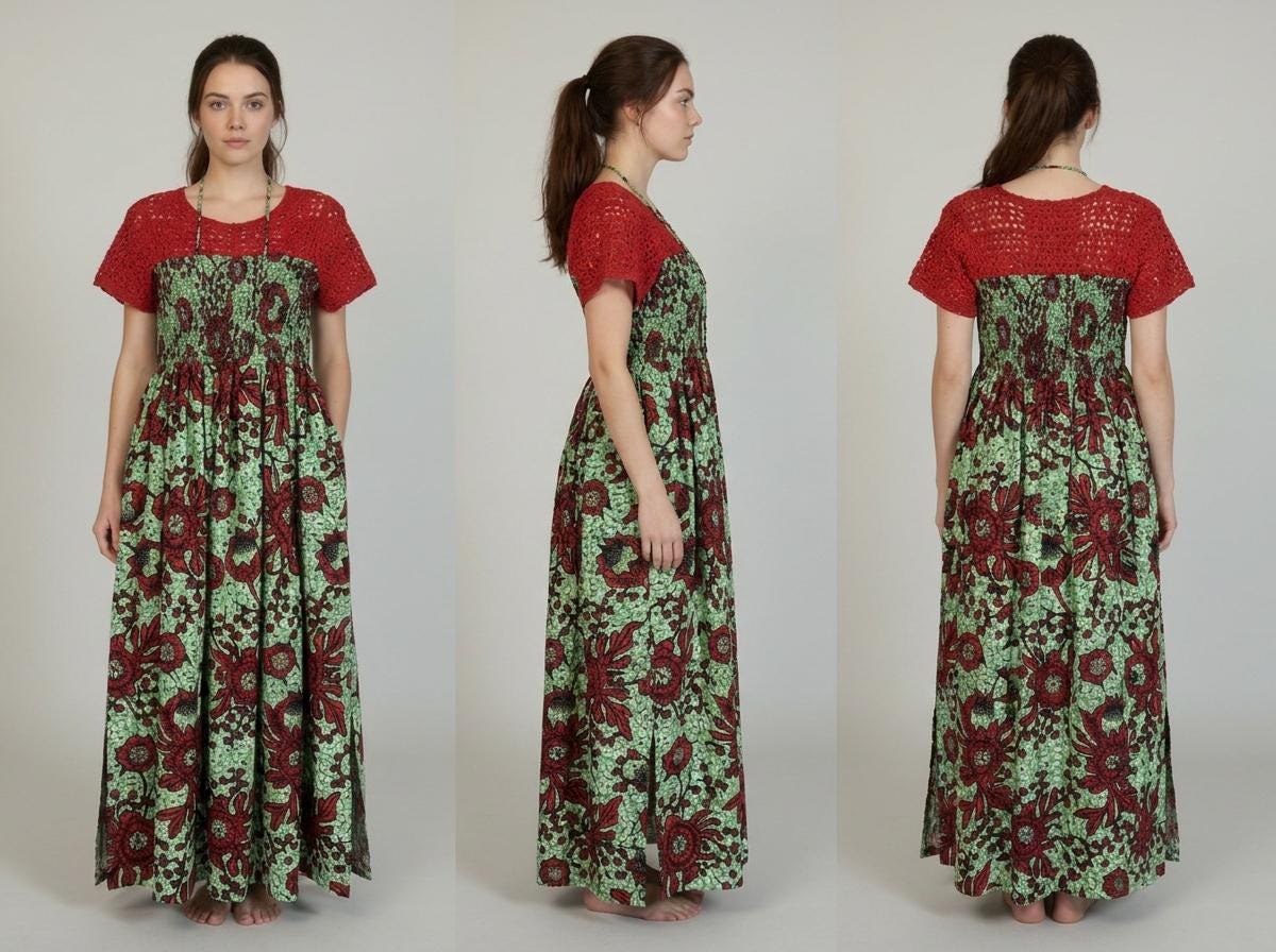 Floral Print with Crochet Bodice, Red and Green Cotton Summer Dress