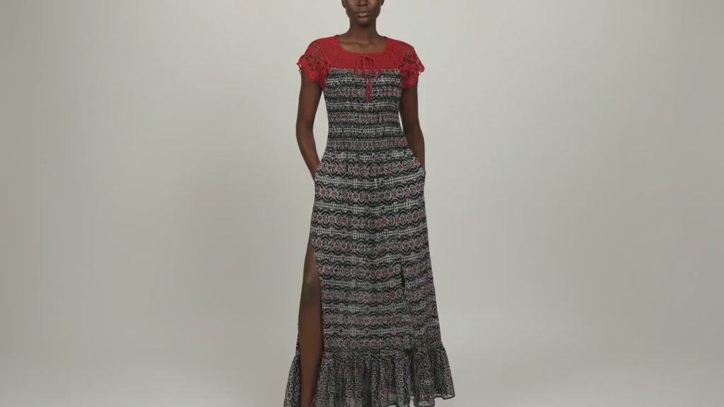 Crimson Bloom Crochet Maxi Dress