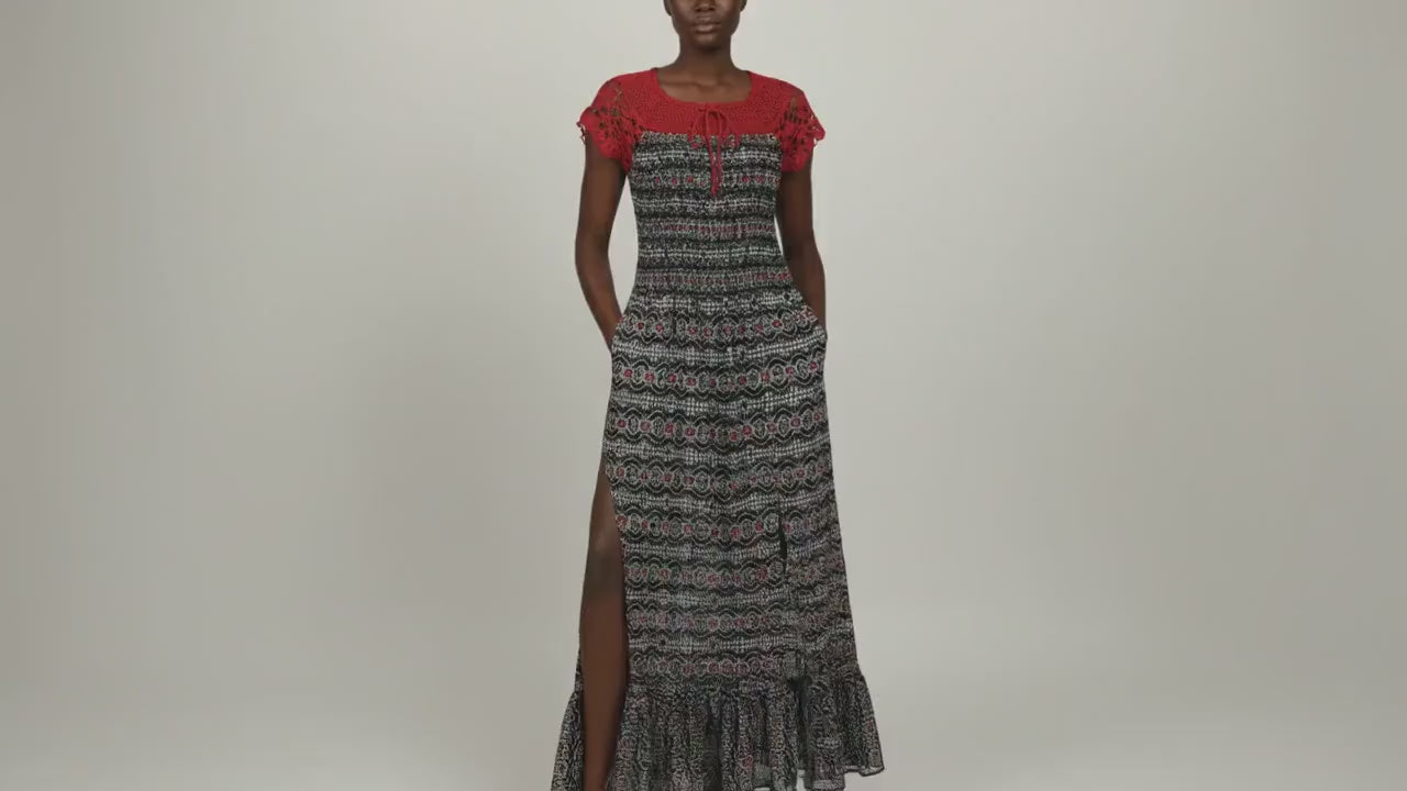 Crimson Bloom Crochet Maxi Dress