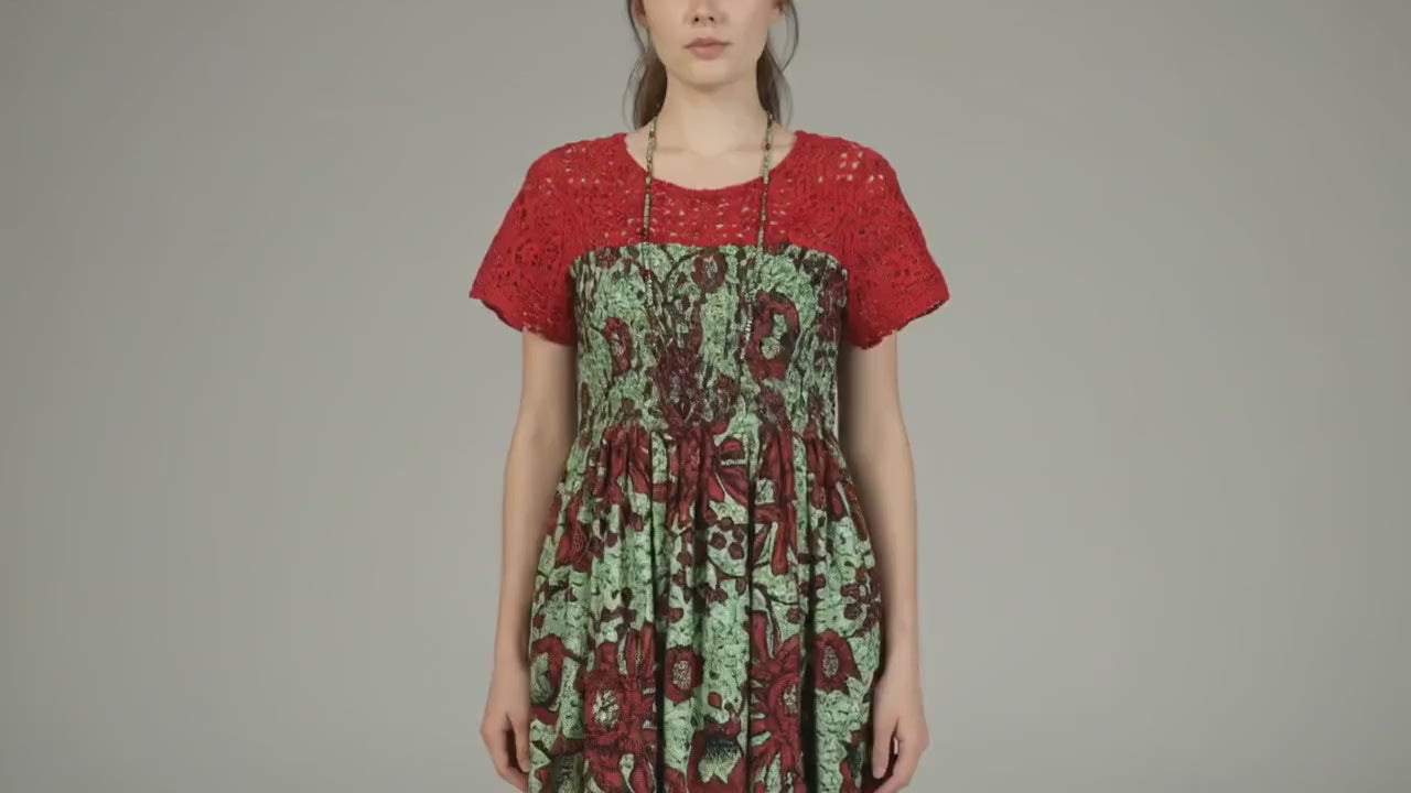 Floral Print with Crochet Bodice, Red and Green Cotton Summer Dress