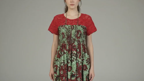 Floral Print with Crochet Bodice, Red and Green Cotton Summer Dress
